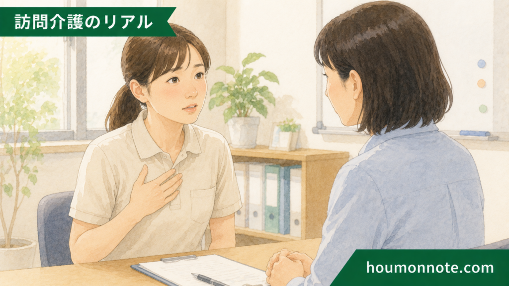 仕事のストレスや悩みを事業所職員へ相談する訪問介護ヘルパーのイラスト