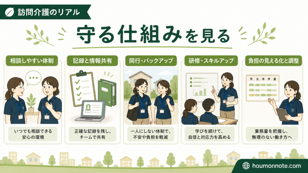 訪問介護の事業所選びで相談しやすい体制、記録と情報共有、同行やバックアップ、研修、負担調整を確認するイラスト