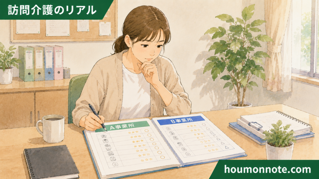 見学した複数の訪問介護事業所を比較しながらチェック項目を確認する求職者のイラスト