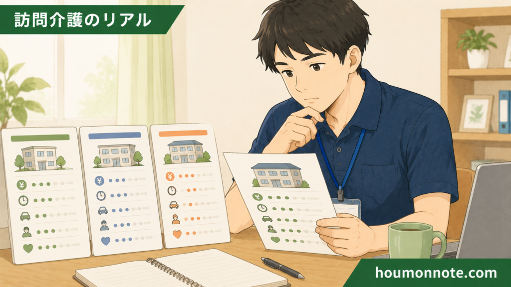 給料や手当などの条件を比較しながら転職先の事業所を検討する男性ヘルパーのイラスト