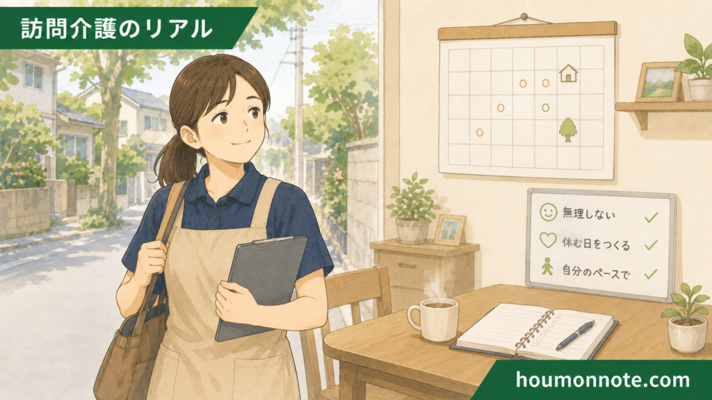 無理をしすぎず自分のペースを守って登録ヘルパーとして働く介護職のイラスト