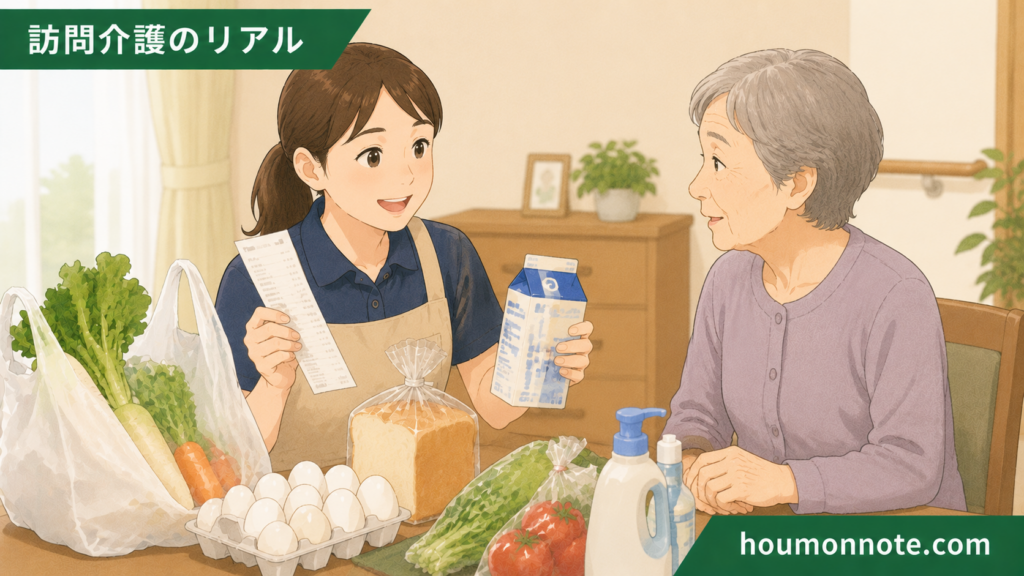 購入した商品とレシートを利用者へ説明しながら確認する訪問介護ヘルパーのイラスト