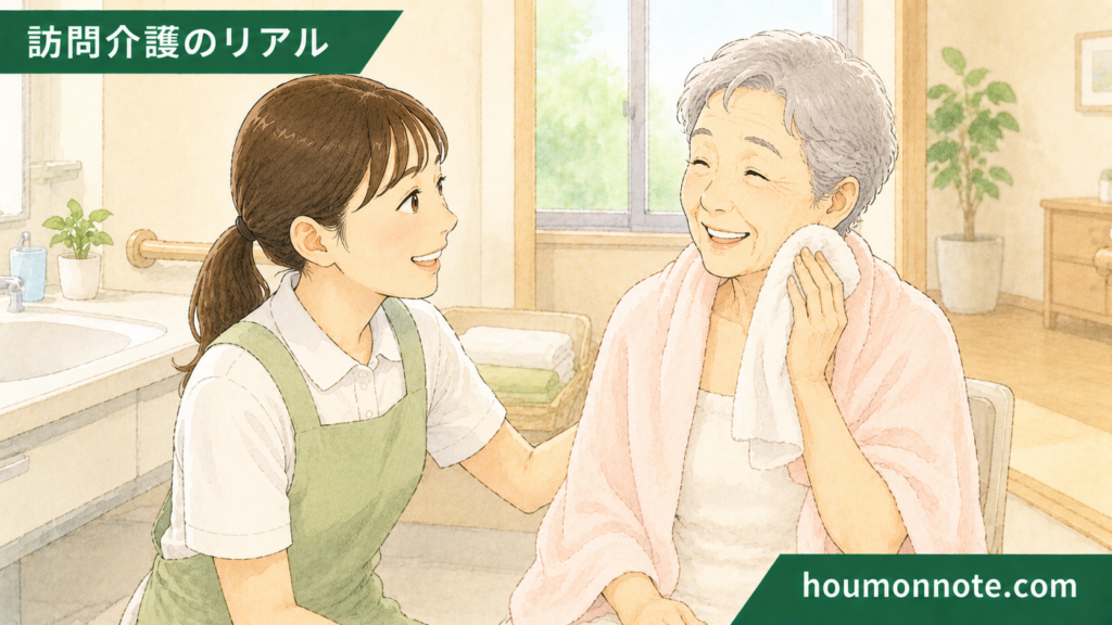 入浴介助後に笑顔を見せる利用者と安心した様子で寄り添う訪問介護ヘルパーのイラスト