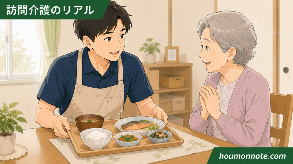 調理した食事を配膳し利用者へ穏やかに確認する訪問介護の男性ヘルパーのイラスト