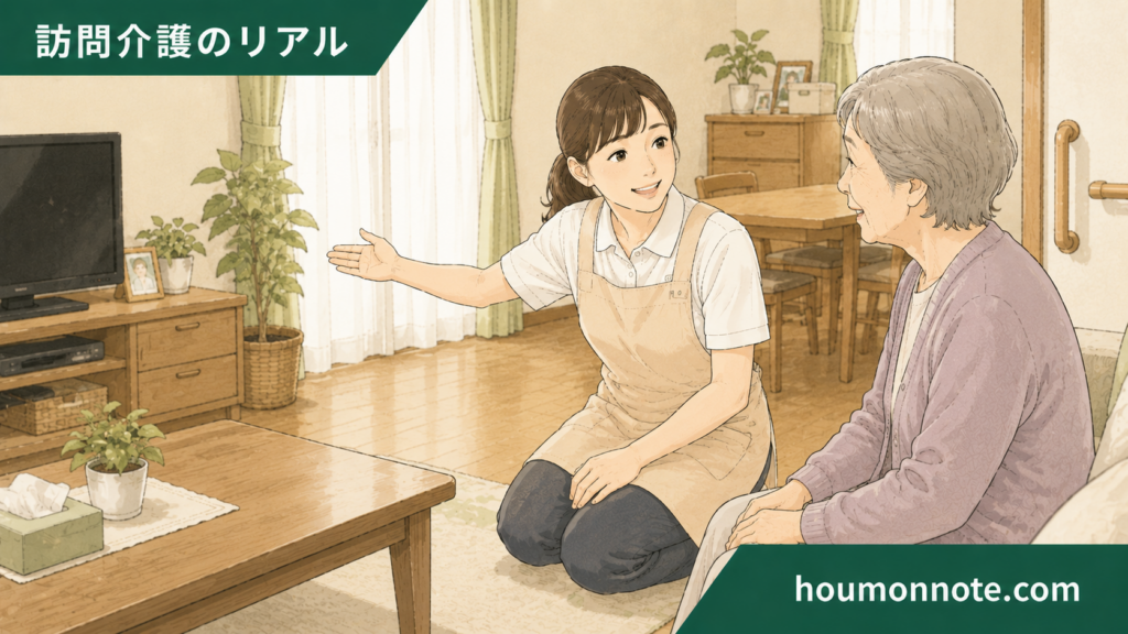 掃除後に整った居室で利用者と仕上がりを確認する訪問介護ヘルパーのイラスト
