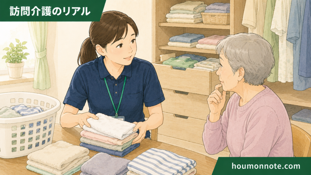 洗濯物を畳みながら収納場所を利用者に確認する訪問介護ヘルパーのイラスト