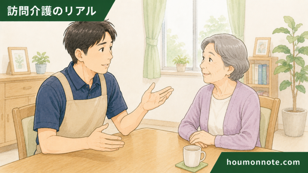 男性ヘルパーが利用者に支援内容を穏やかに説明し、生活援助の線引きを丁寧に伝えているイラスト