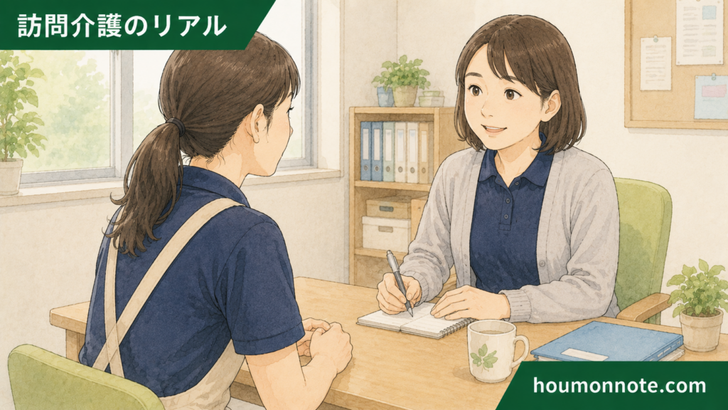 利用者対応の悩みを事業所内で相談し、話を聞いてもらう女性ヘルパーのイラスト