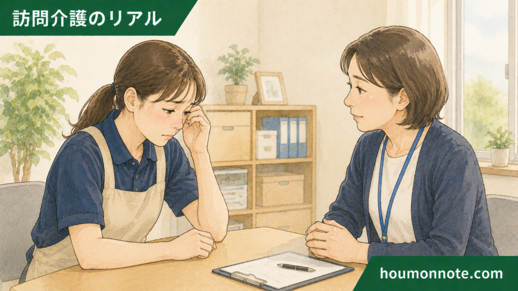 利用者さんの強い言葉に傷ついた女性ヘルパーが、事業所で管理者に相談しているイラスト