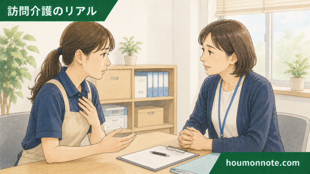 行く前から気が重い利用者宅について、事業所で管理者に相談する女性ヘルパーのイラスト