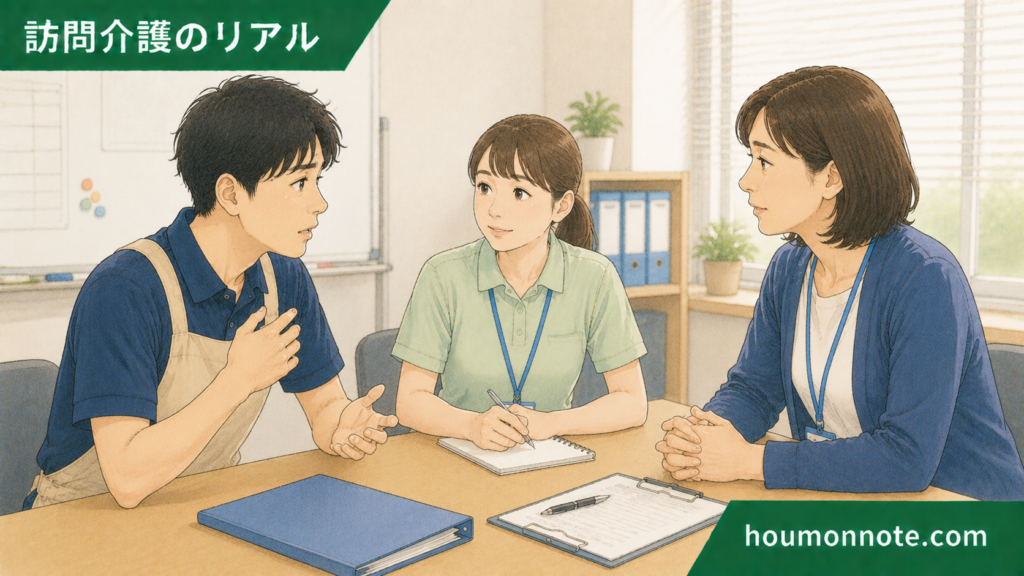 頑張りすぎる男性ヘルパーが、事業所でサ責や管理者に悩みを相談しているイラスト