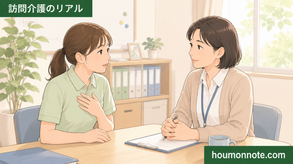 移乗介助への不安について、事業所でサ責や管理者に相談する女性ヘルパーのイラスト