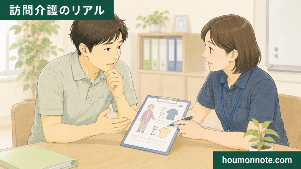 更衣介助への不安や介助方法について、事業所でサ責に相談する男性ヘルパーのイラスト