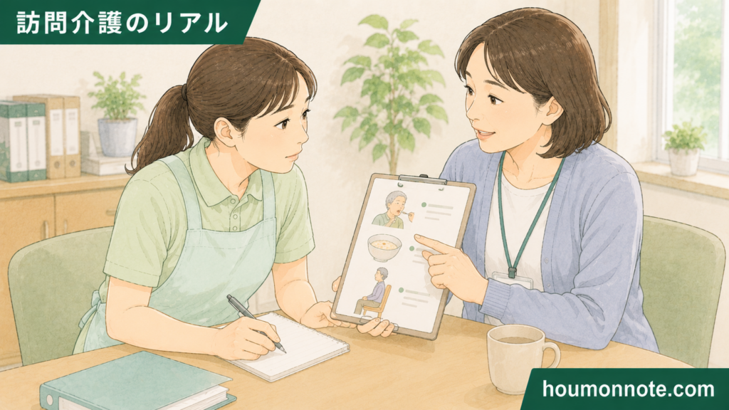 食事介助の姿勢や注意点について、事業所で担当者に相談する女性ヘルパーのイラスト