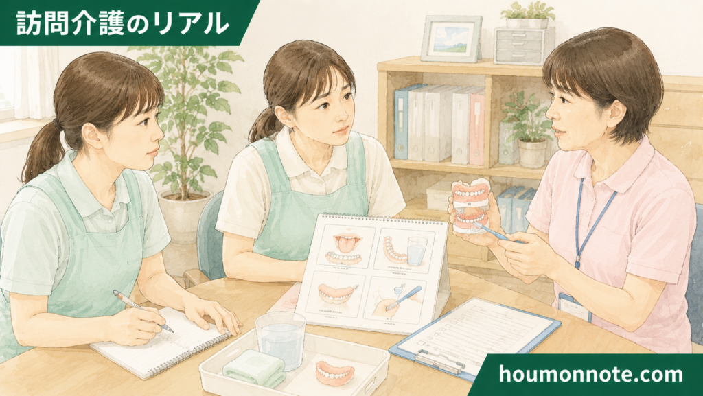 口腔ケアの進め方や義歯介助の注意点について、事業所で説明を受ける女性ヘルパーたちのイラスト