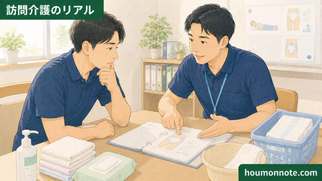 おむつ交換の手順やパッドの当て方について、事業所で相談しながら確認する男性ヘルパーたちのイラスト