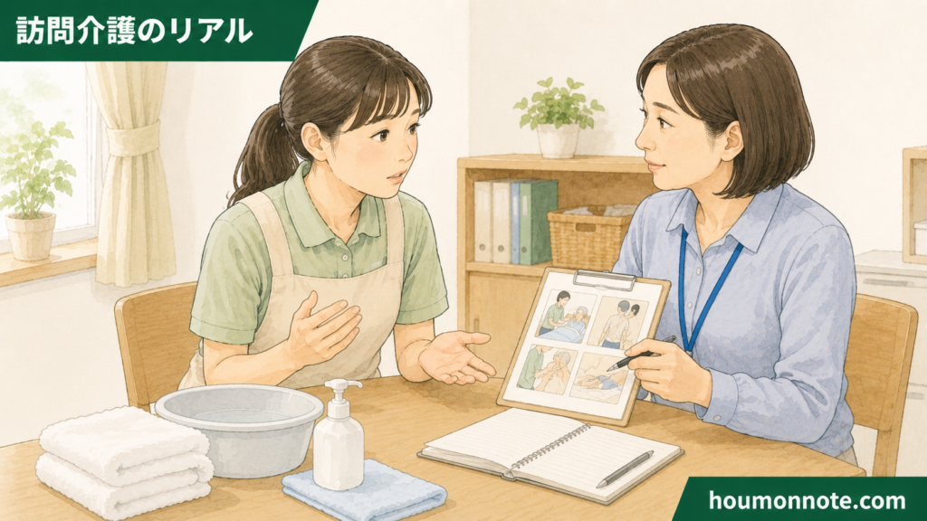 清拭の手順や体位変換、皮膚観察について事業所で相談する女性ヘルパーとサ責のイラスト