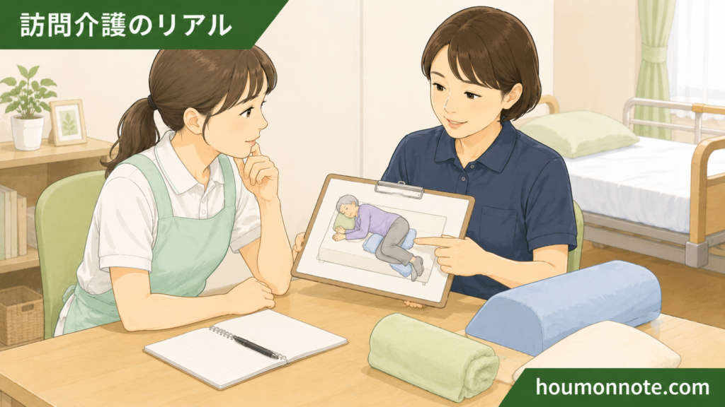 体位変換の方法やクッションの位置について、事業所でサ責に相談する女性ヘルパーのイラスト