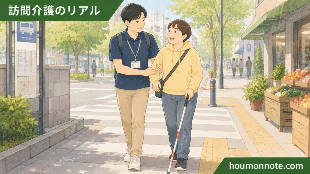 移動支援で、視覚障害のある利用者さんと一緒に街中を歩きながら外出を支える男性ヘルパーのイラスト