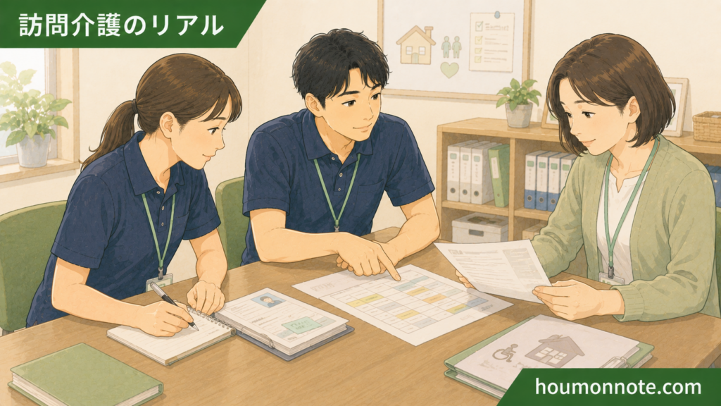 居宅介護の支援手順や障害特性について、事業所で職員同士が資料を見ながら確認しているイラスト