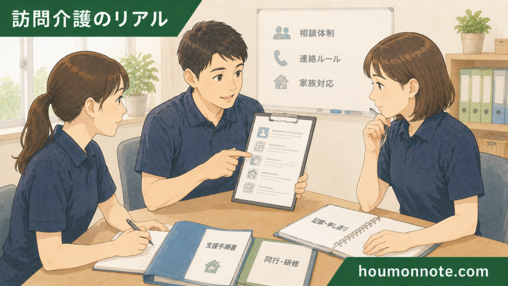 障害福祉の事業所で、同行体制や相談体制、家族対応について職員同士が確認しているイラスト