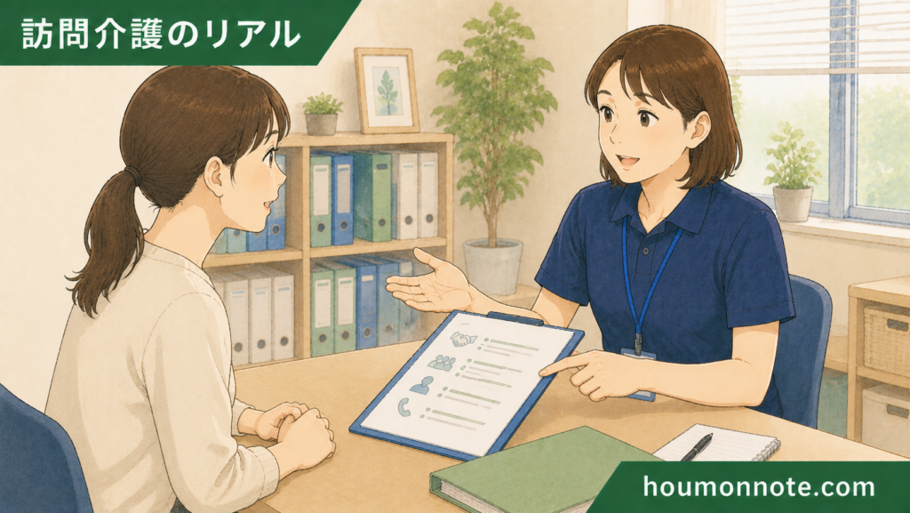 障害福祉の事業所見学で、応募者が職員から同行や研修、相談体制について説明を受けているイラスト