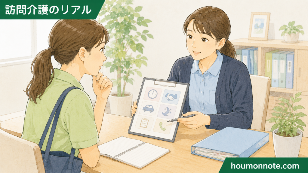 障害福祉の登録ヘルパー希望者が、支援時間や同行、夜間支援などの働き方について説明を受けているイラスト