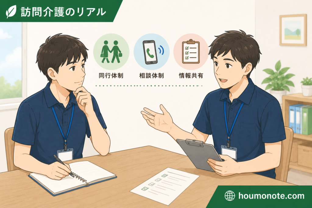 未経験者が訪問介護事業所の同行体制や相談体制について説明を受けているイラスト