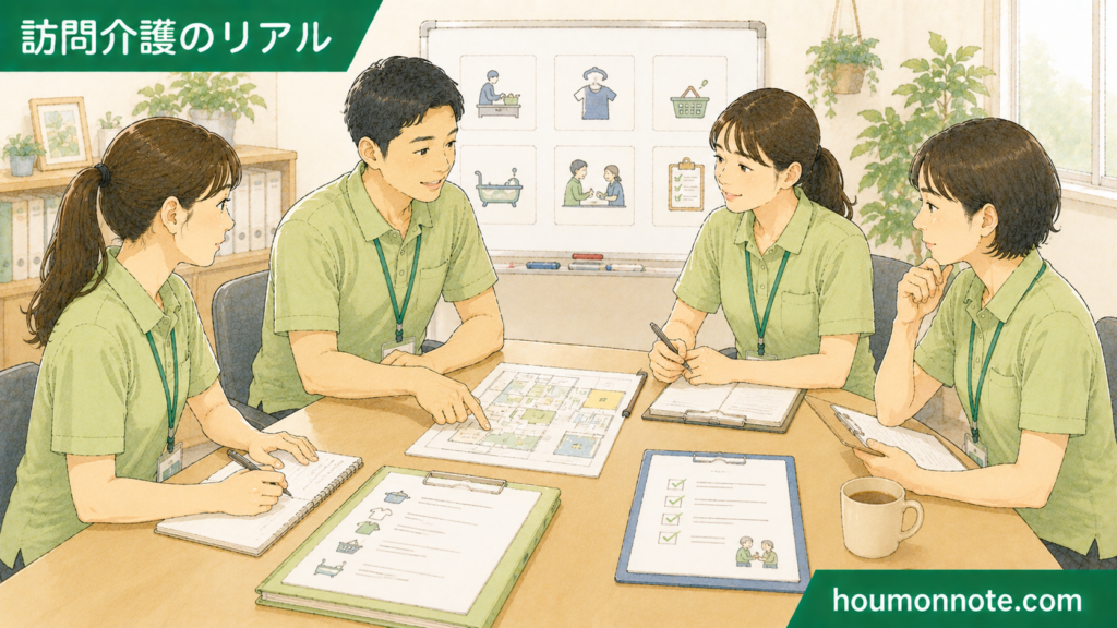 障害福祉の居宅介護の事業所で、支援手順や本人のこだわり、家族対応について職員同士が確認しているイラスト