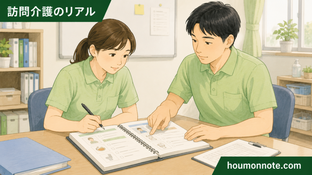 重度訪問介護の支援手順を事務所で先輩職員と確認する新人ヘルパーのイラスト