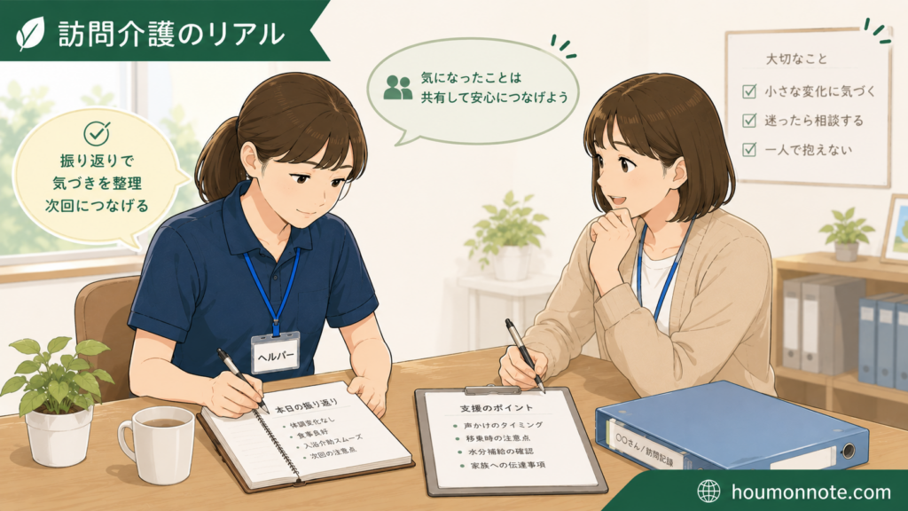 一人訪問後にヘルパーが支援内容を振り返り、気づきを相談しているイラスト
