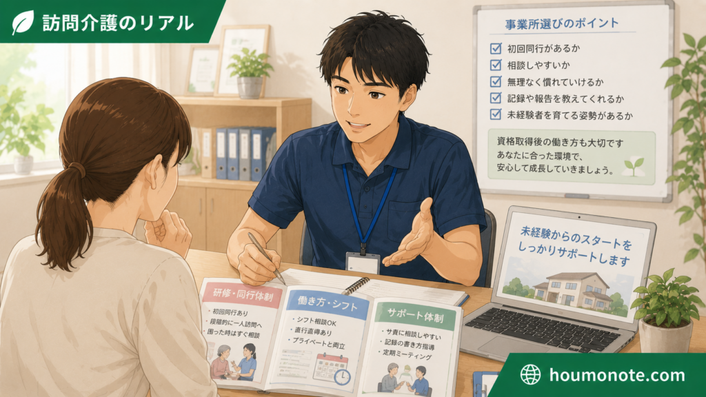 初任者研修後に、訪問介護事業所で働き方や同行体制について相談する介護職のイラスト