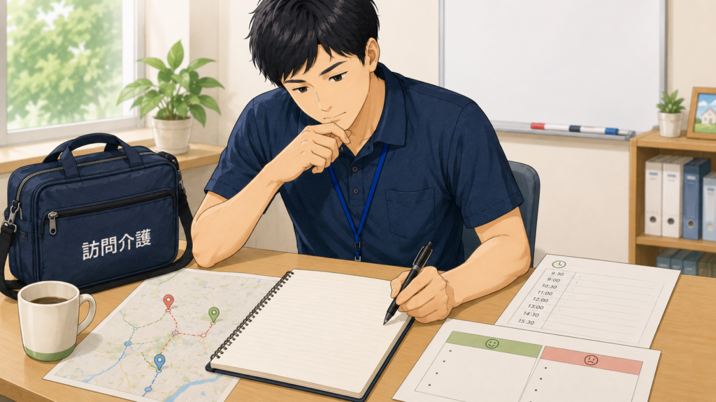 男性ヘルパーが訪問介護の担当内容や働き方を整理し、自分に合う働き方を考えているイラスト