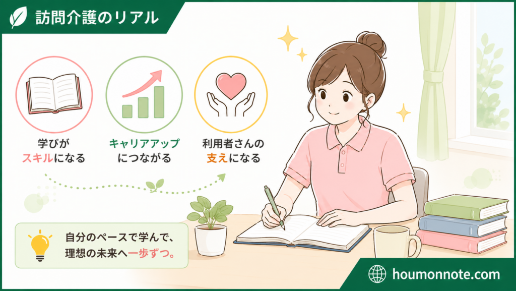 実務者研修後のキャリアアップや利用者支援への活かし方を考える女性介護職のイラスト