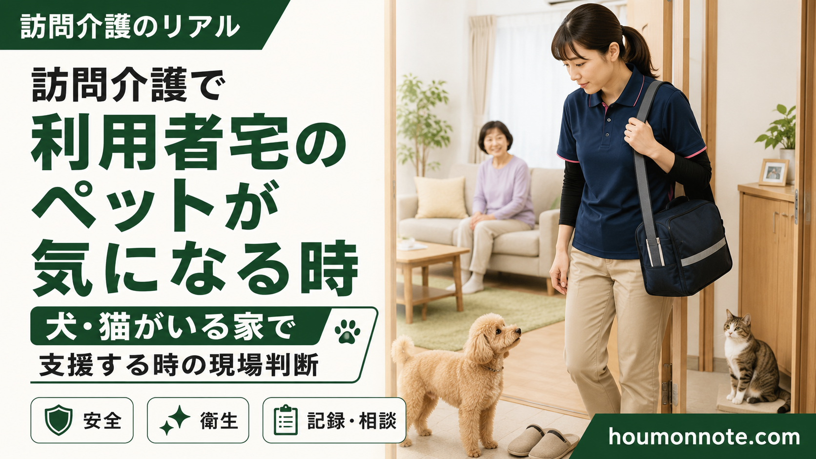 訪問介護で利用者宅のペットが気になる場面を表した、犬と猫がいる家で支援に入るヘルパーのアイキャッチ画像