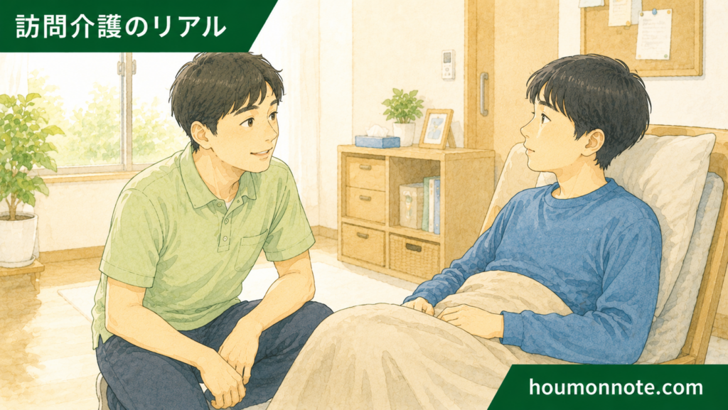 障害福祉の在宅支援で利用者のペースに合わせて声かけするヘルパーのイラスト