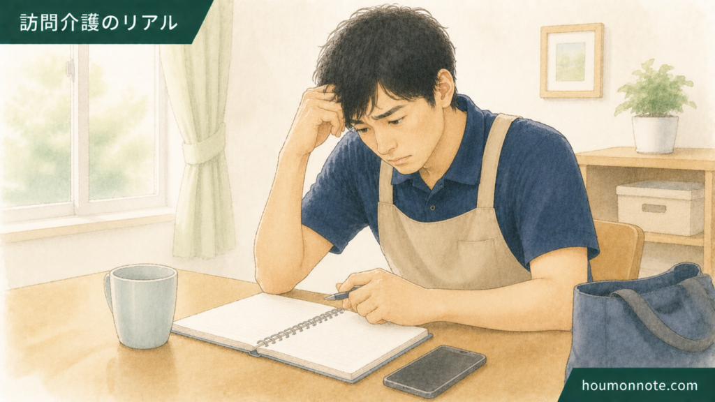 障害福祉の一人訪問で判断に迷い不安を抱える男性ヘルパーのイラスト