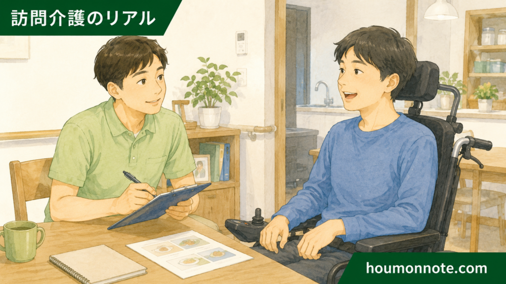 訪問介護経験を活かして障害福祉の在宅支援を行うヘルパーのイラスト