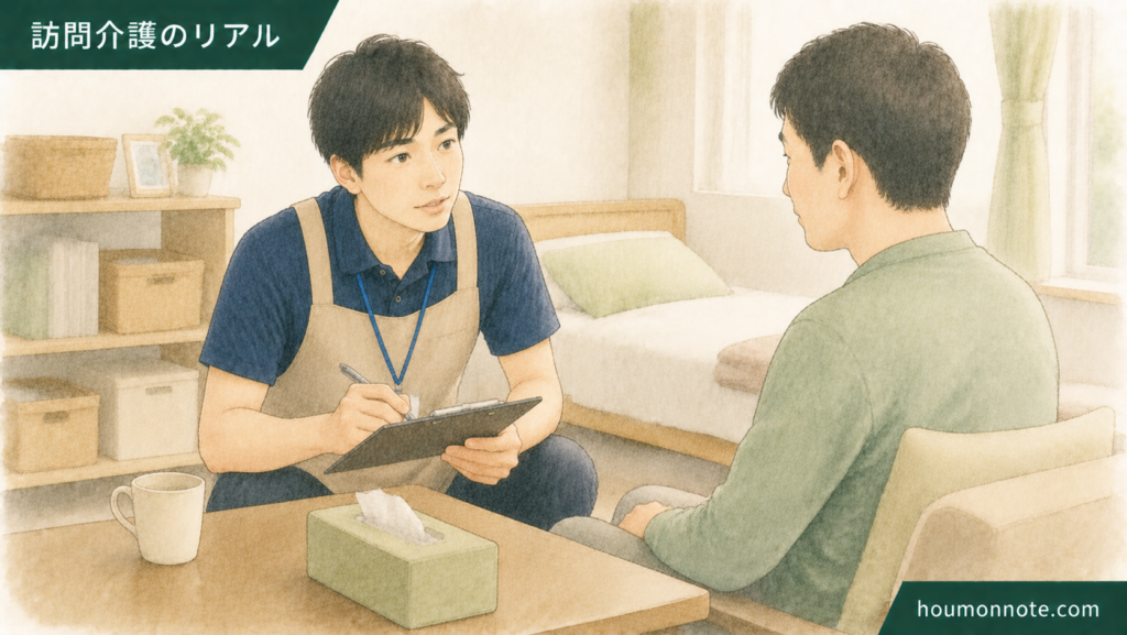 障害福祉の初回同行で支援の流れを確認する男性ヘルパーのイラスト