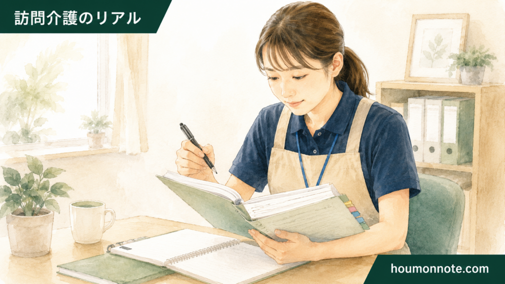 障害福祉の支援手順書を見ながら支援の流れを確認する女性ヘルパーのイラスト