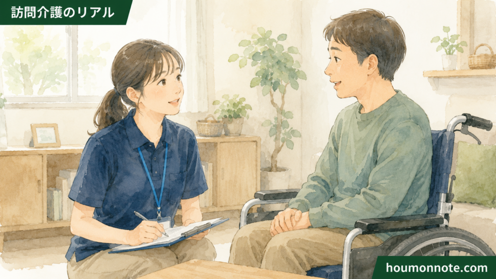 障害福祉の在宅支援で利用者さんとヘルパーが適度な距離で会話しているイラスト