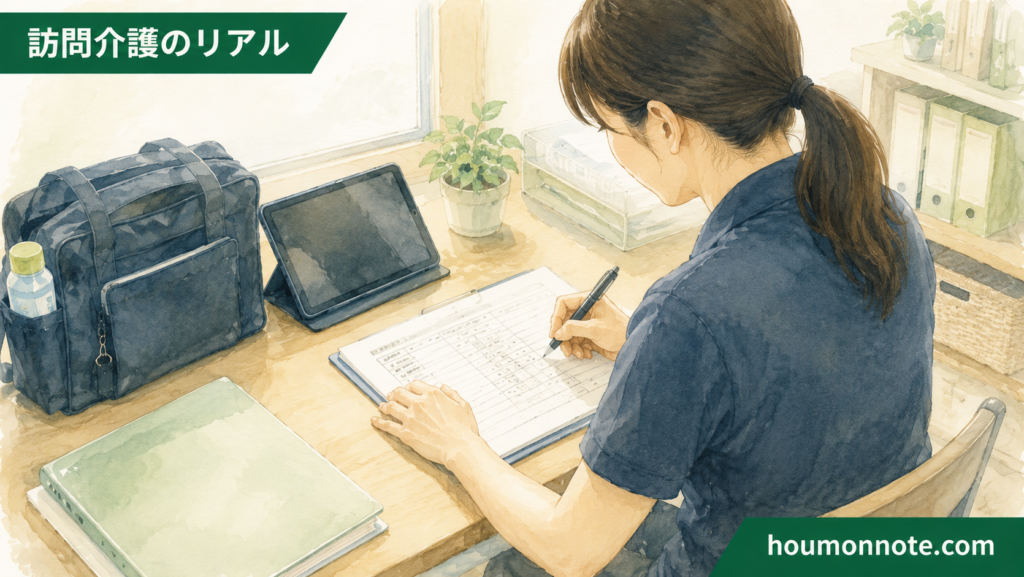 障害福祉の支援後にヘルパーがその日の様子を記録しているイラスト