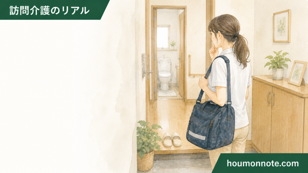 利用者宅の玄関前で、トイレを借りることに迷いながら立ち止まる訪問介護ヘルパーのイラスト