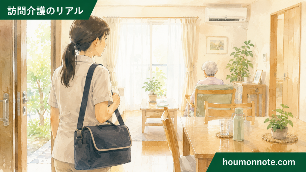 暑さがこもる利用者宅に入ったヘルパーが、室内環境と利用者さんの様子を確認しているイラスト