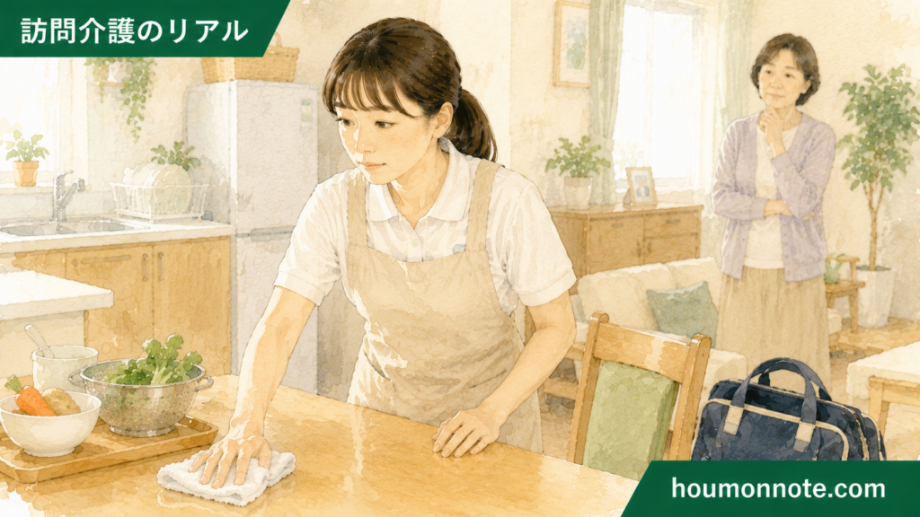 利用者宅で家族が見守る中、ヘルパーが少し緊張しながら生活援助を行っているイラスト