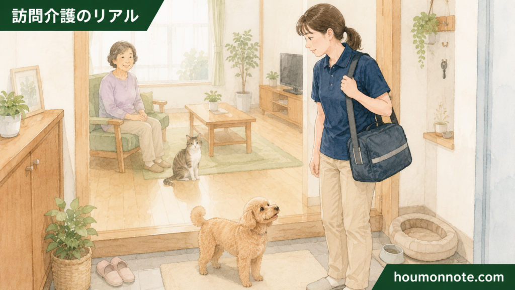 利用者宅の玄関で犬と猫がいる室内を確認しながら支援に入る訪問介護ヘルパーのイラスト
