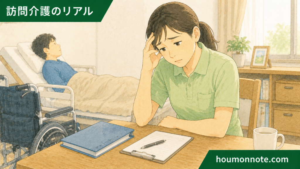 障害福祉の支援後に自分の関わり方が正しかったのか悩むヘルパーのイラスト