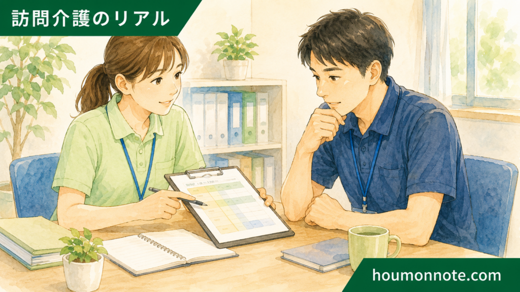 障害福祉のヘルパーが事業所で支援手順や再同行について相談しているイラスト