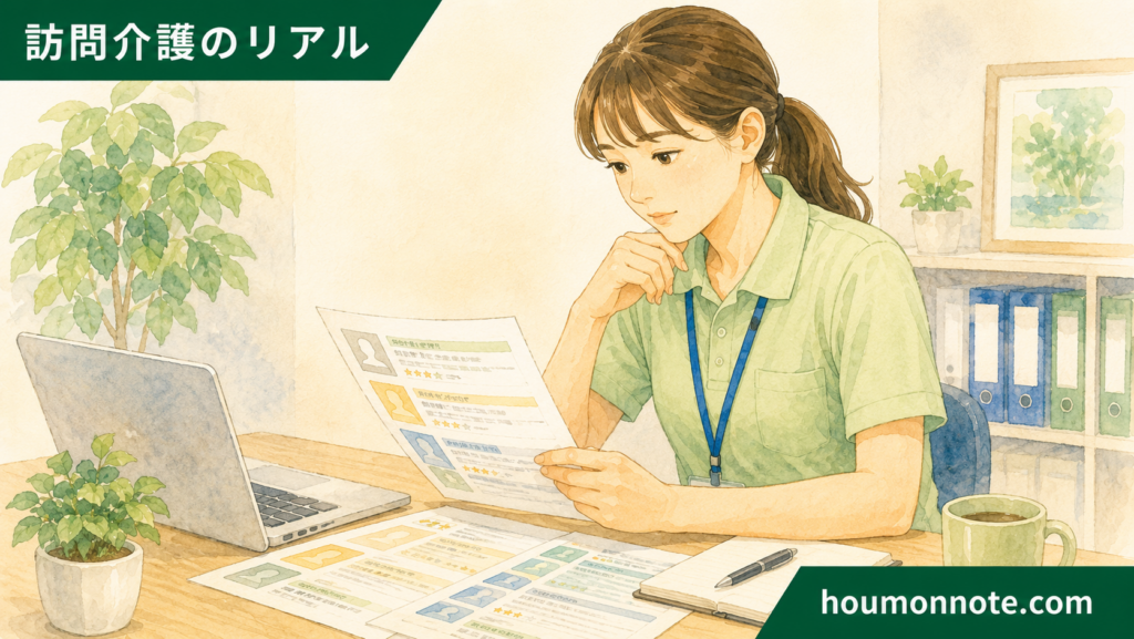 障害福祉の求人票を見ながらサービス種別や勤務条件を確認する介護職員のイラスト