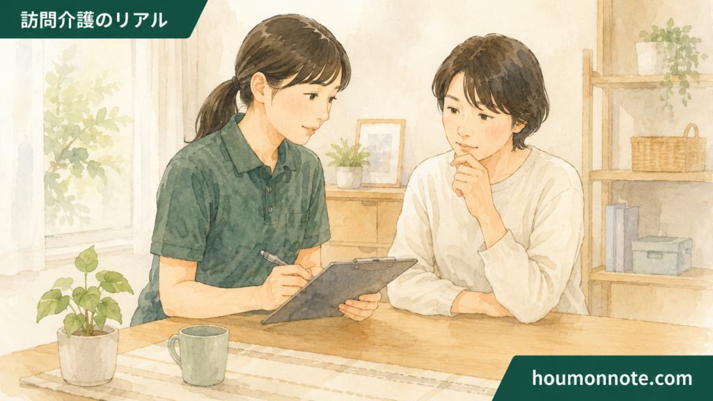 障害福祉の在宅支援で利用者さんのこだわりを確認するヘルパーのイラスト